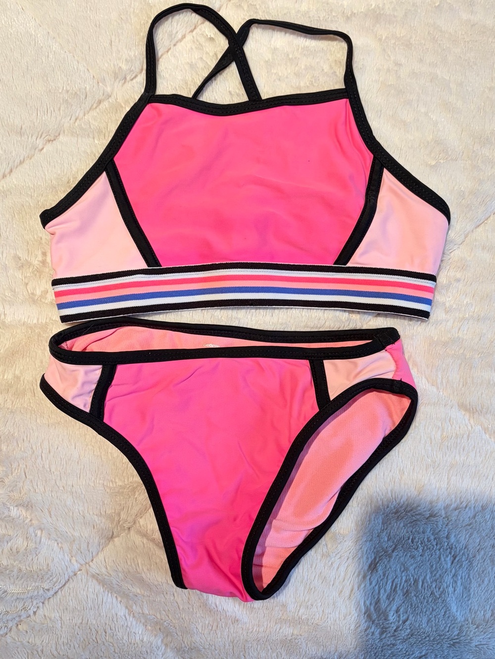 George Pink and Light Pink Girls Two-Piece Sport Swim Set with Black Trim